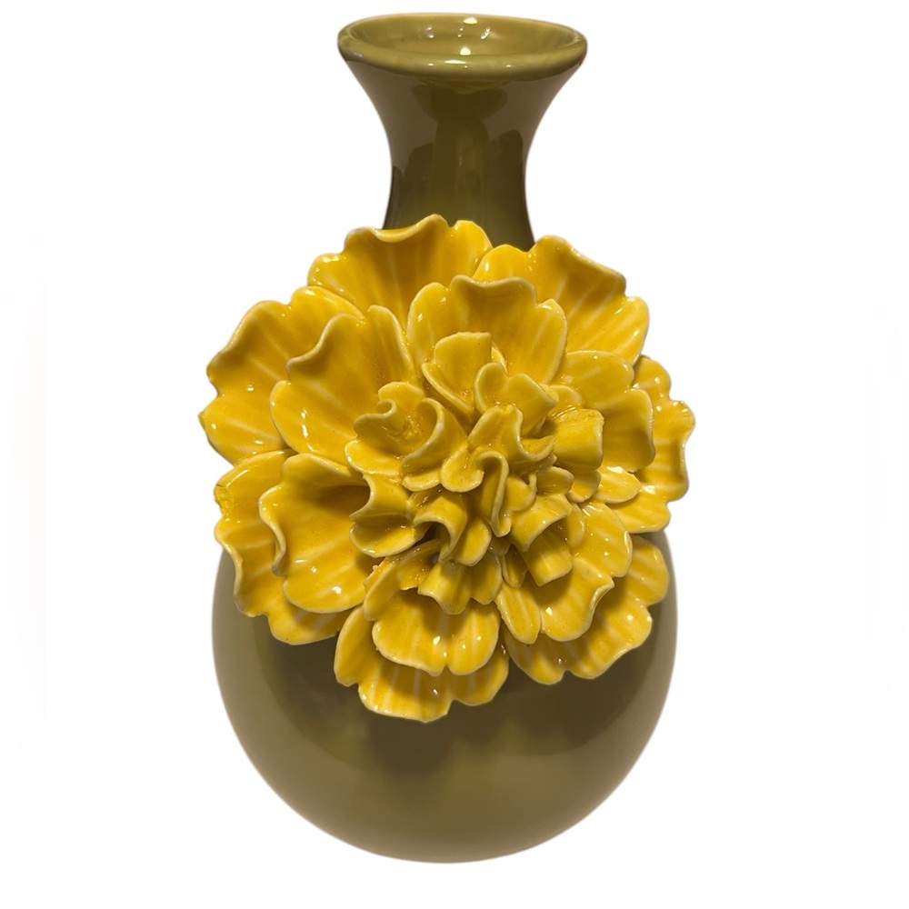 NEW 3D Yellow Peony flower on Olive Green Base Ceramic Vase 8" H